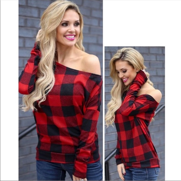 LAST❤️On-trend🎄Red Buffalo plaid off-shoulder top - Picture 5 of 6